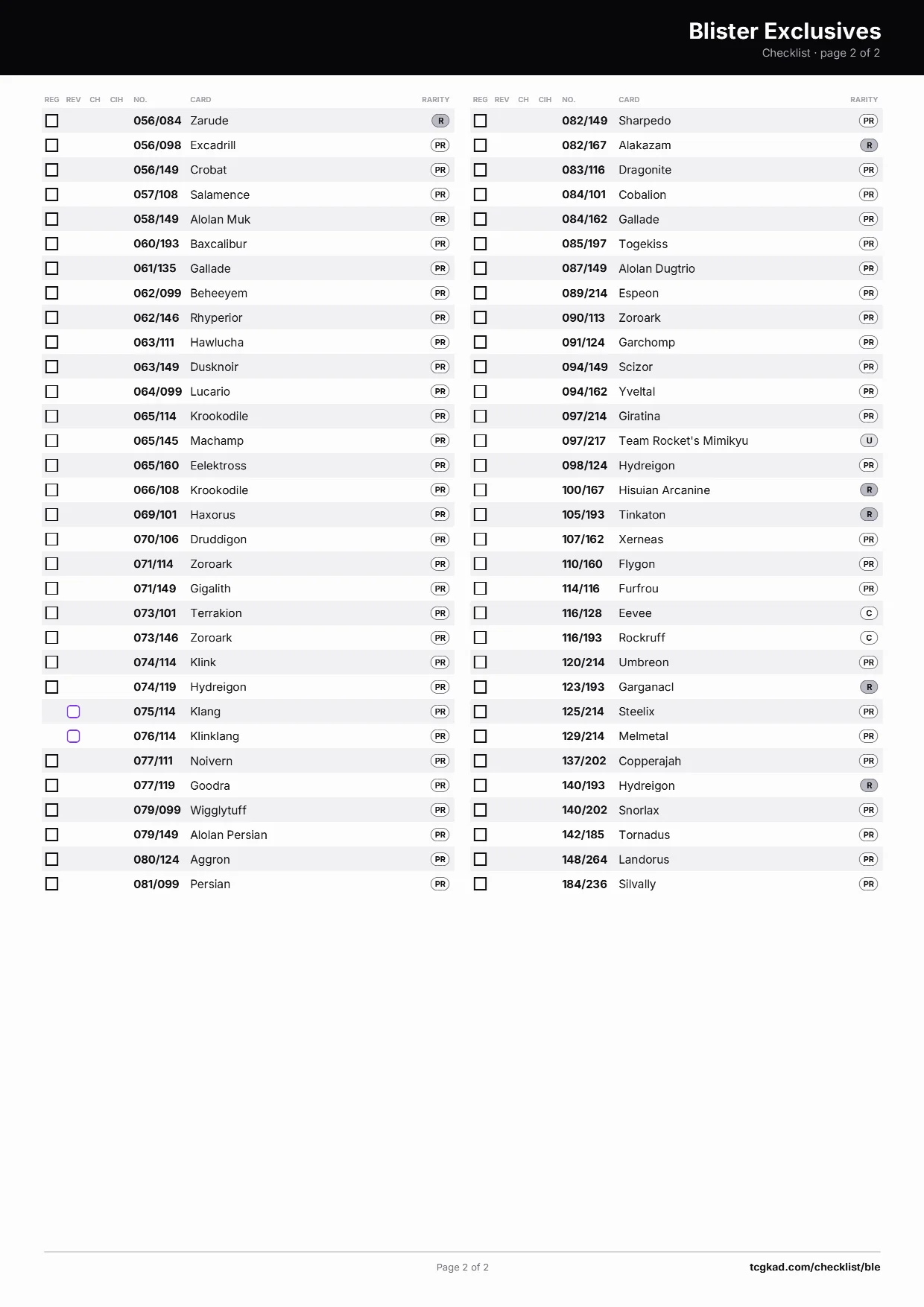 Blister Exclusives checklist, page 2 of 2