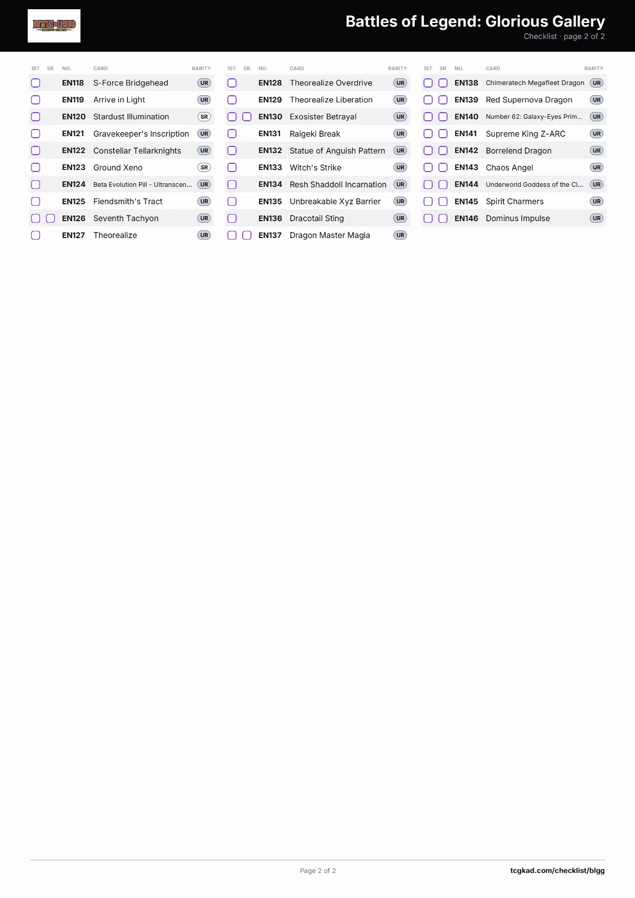 Battles of Legend: Glorious Gallery 清单 — 第 2 页，共 2 页