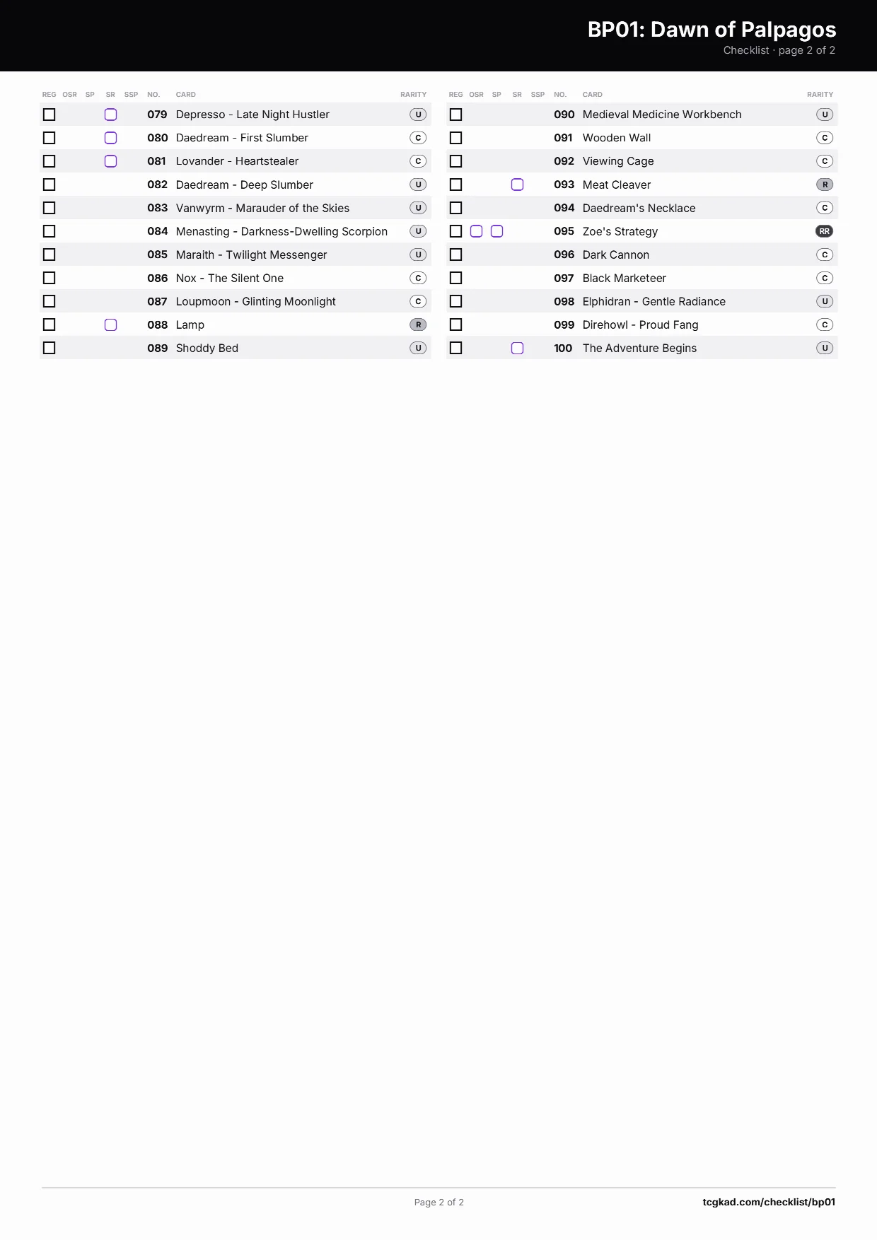 BP01: Dawn of Palpagos checklist, page 2 of 2