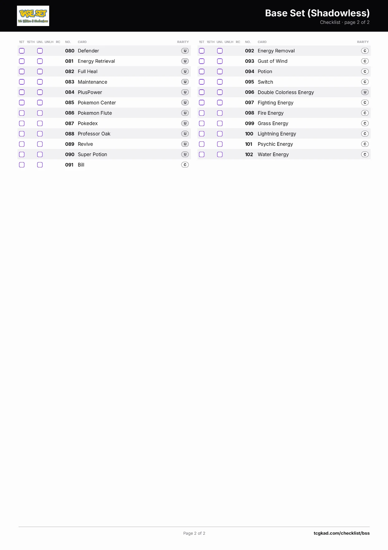 Base Set (Shadowless) checklist, page 2 of 2