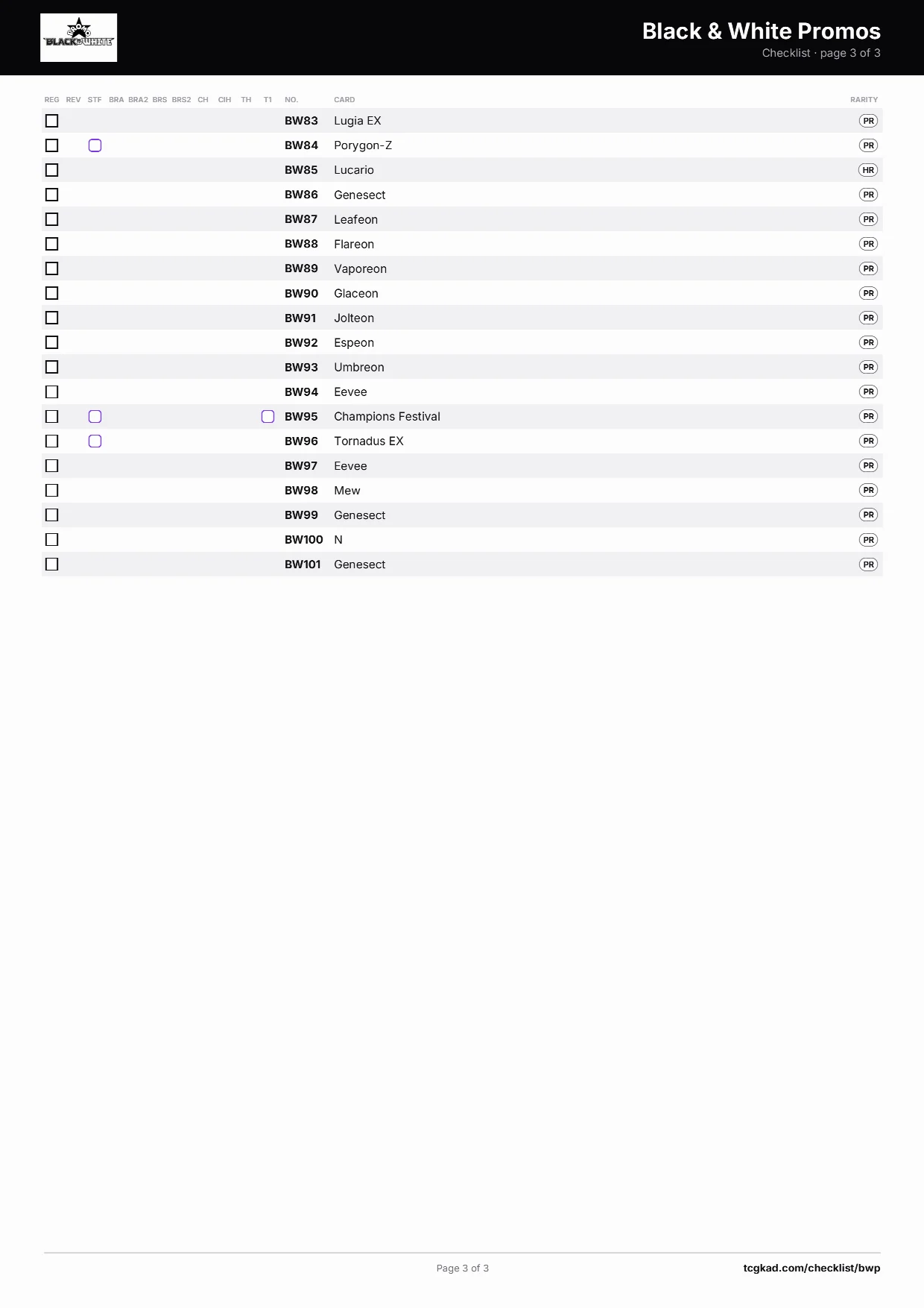 Black & White Promos checklist, page 3 of 3