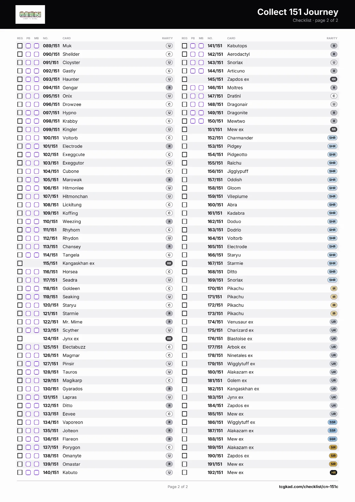Collect 151 Journey checklist, page 2 of 2