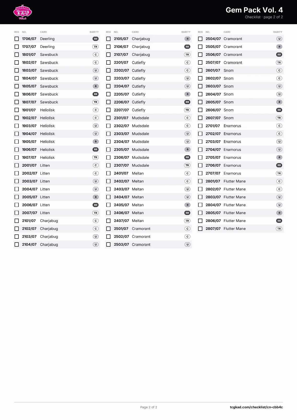 Gem Pack Vol. 4 checklist, page 2 of 2