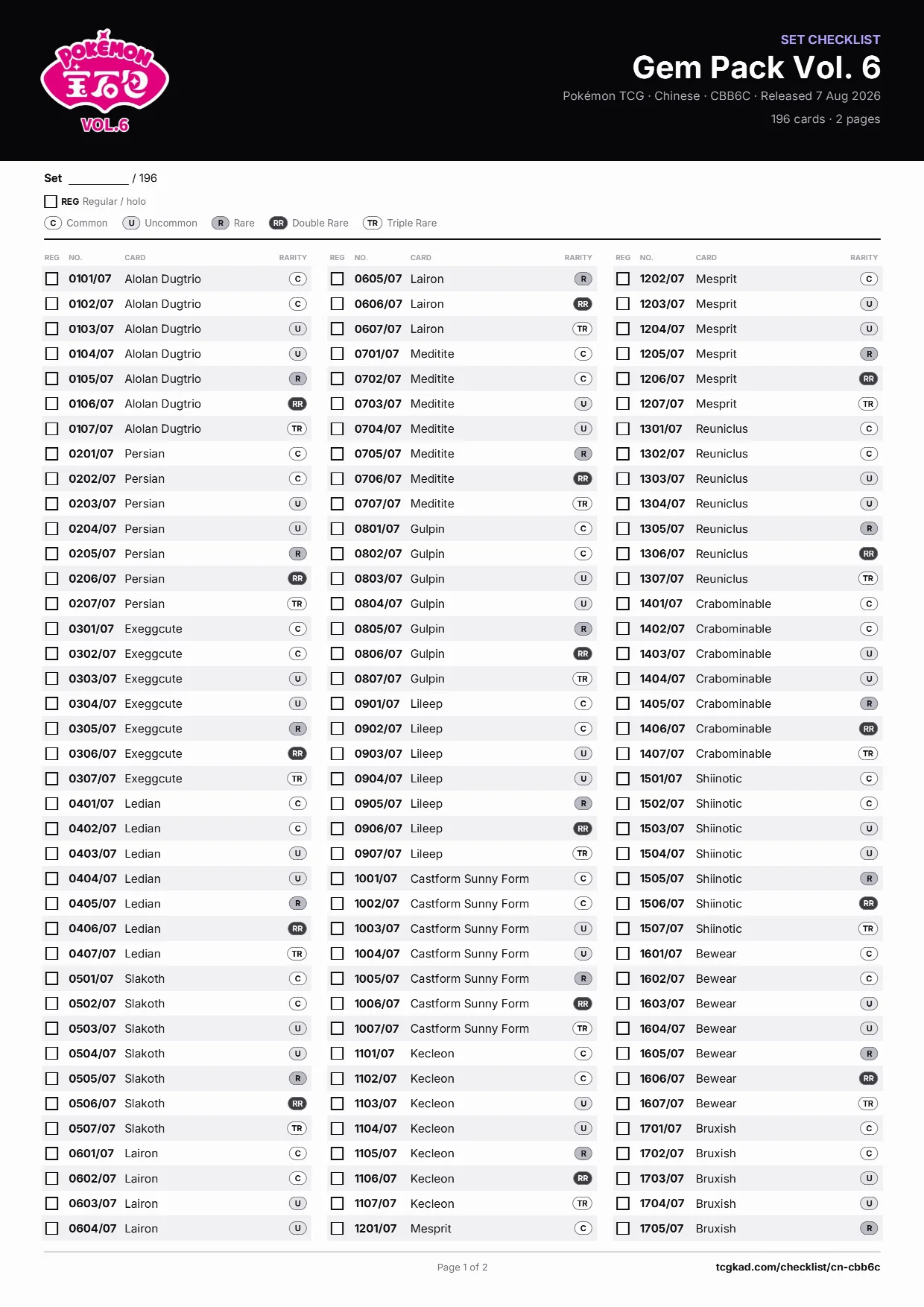 Gem Pack Vol. 6 checklist, page 1 of 2