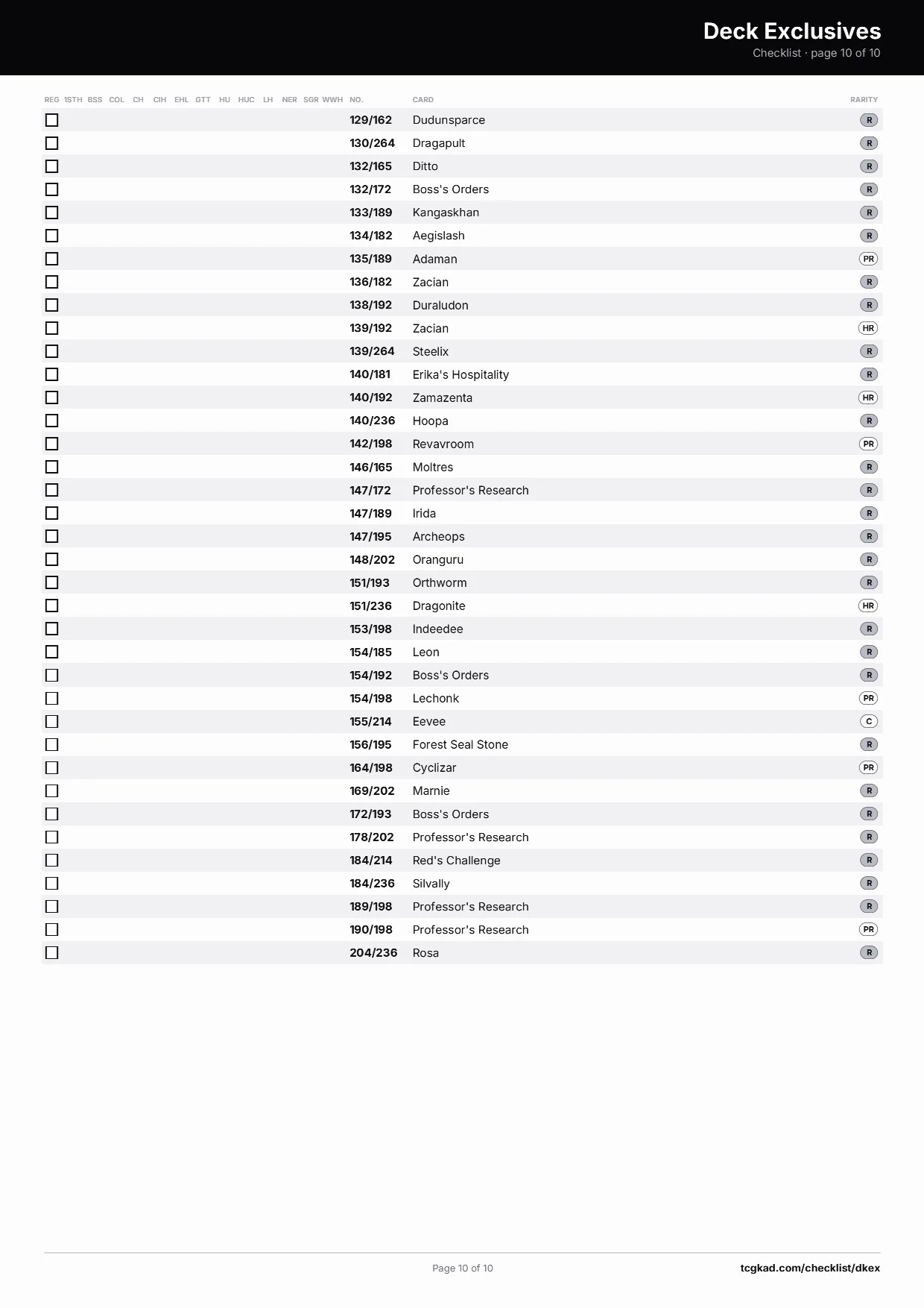 Deck Exclusives checklist, page 10 of 10
