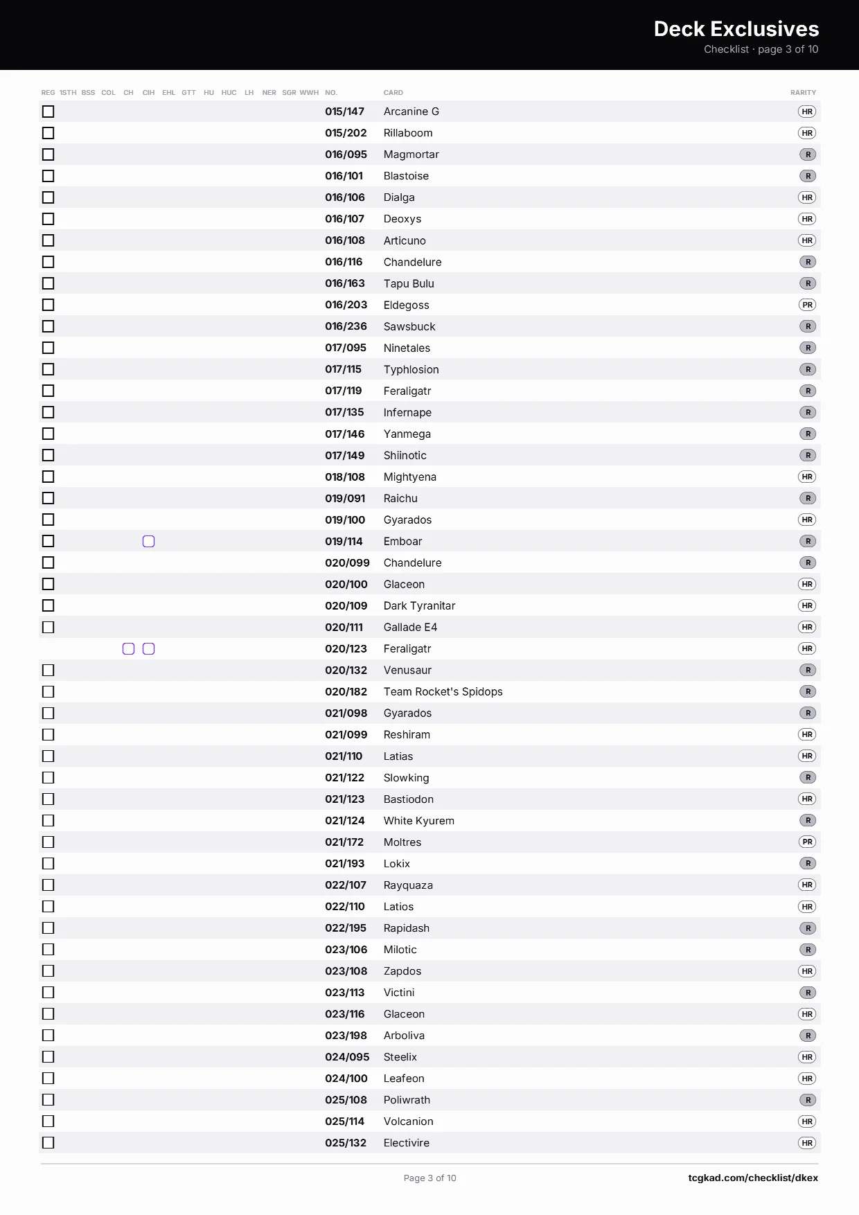 Deck Exclusives checklist, page 3 of 10