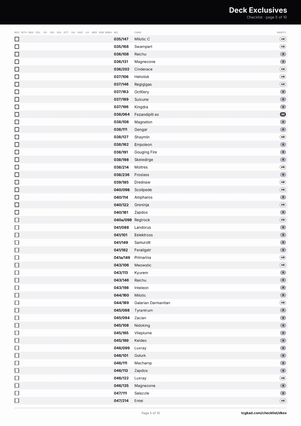 Deck Exclusives checklist, page 5 of 10
