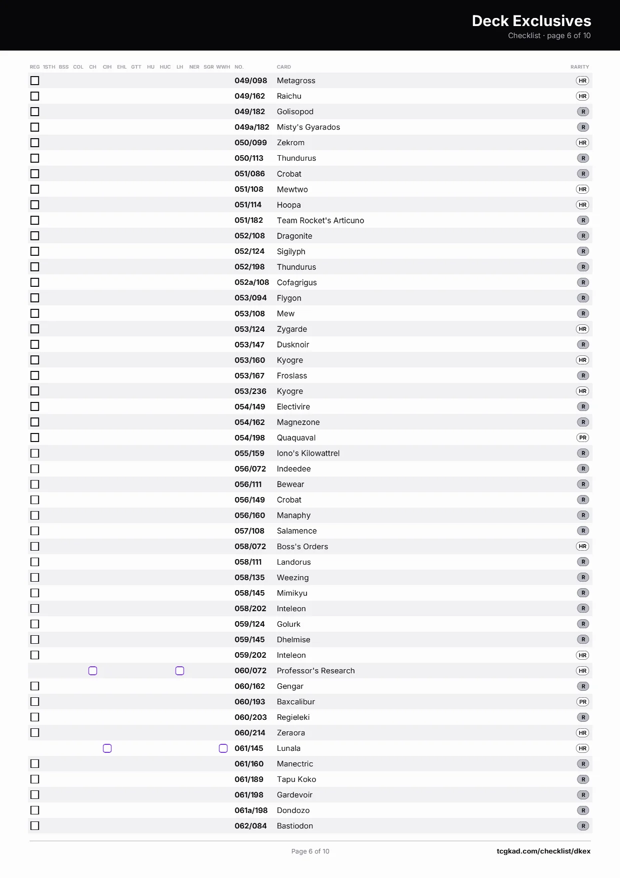 Deck Exclusives checklist, page 6 of 10