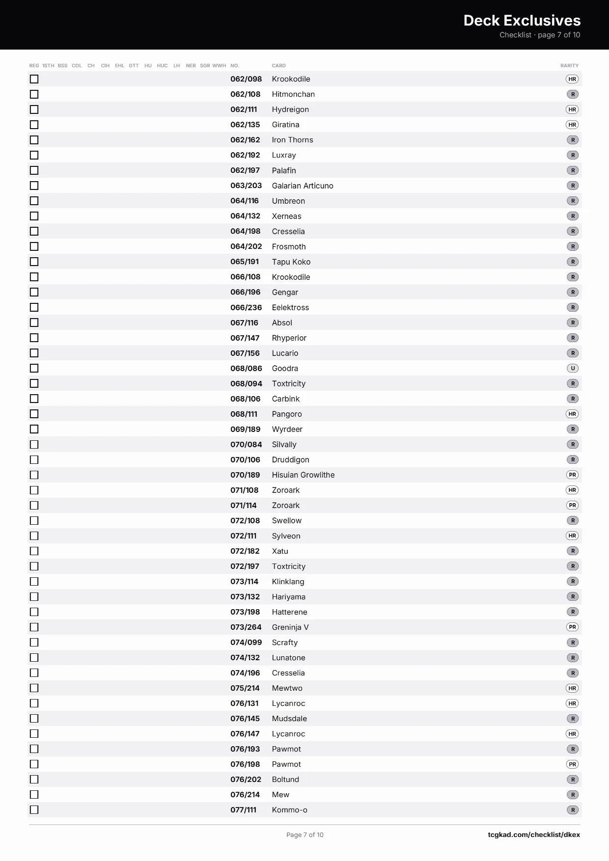 Deck Exclusives checklist, page 7 of 10