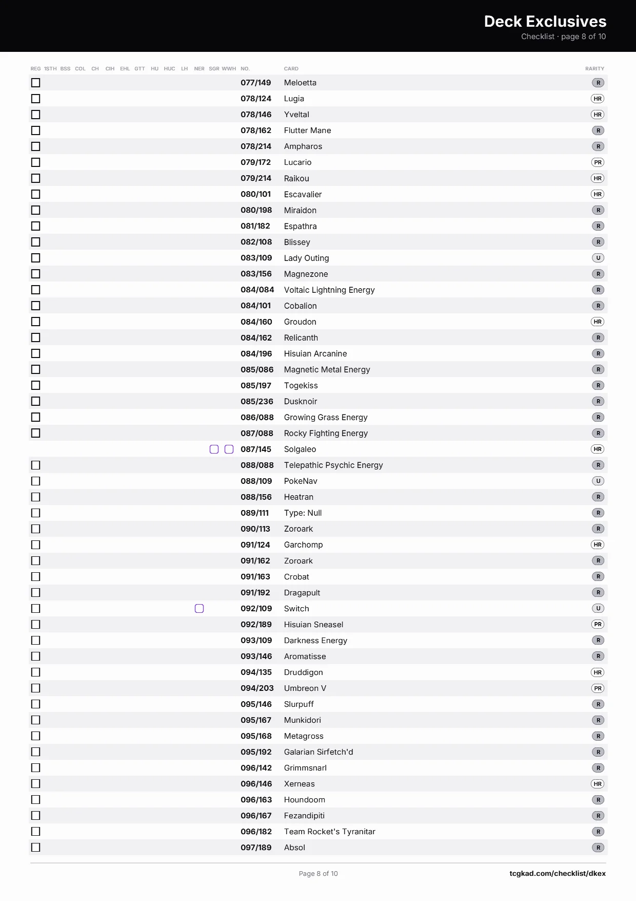 Deck Exclusives checklist, page 8 of 10