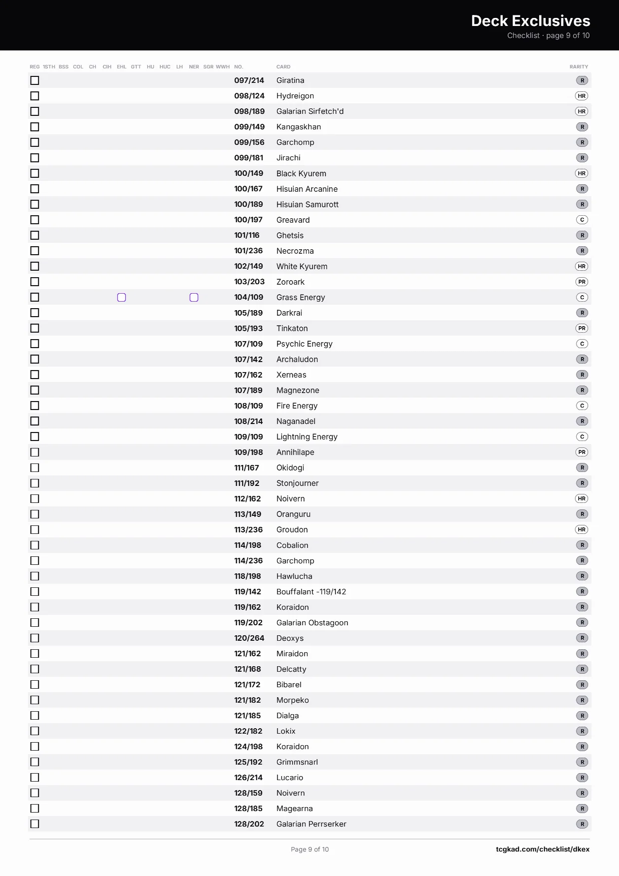 Deck Exclusives checklist, page 9 of 10