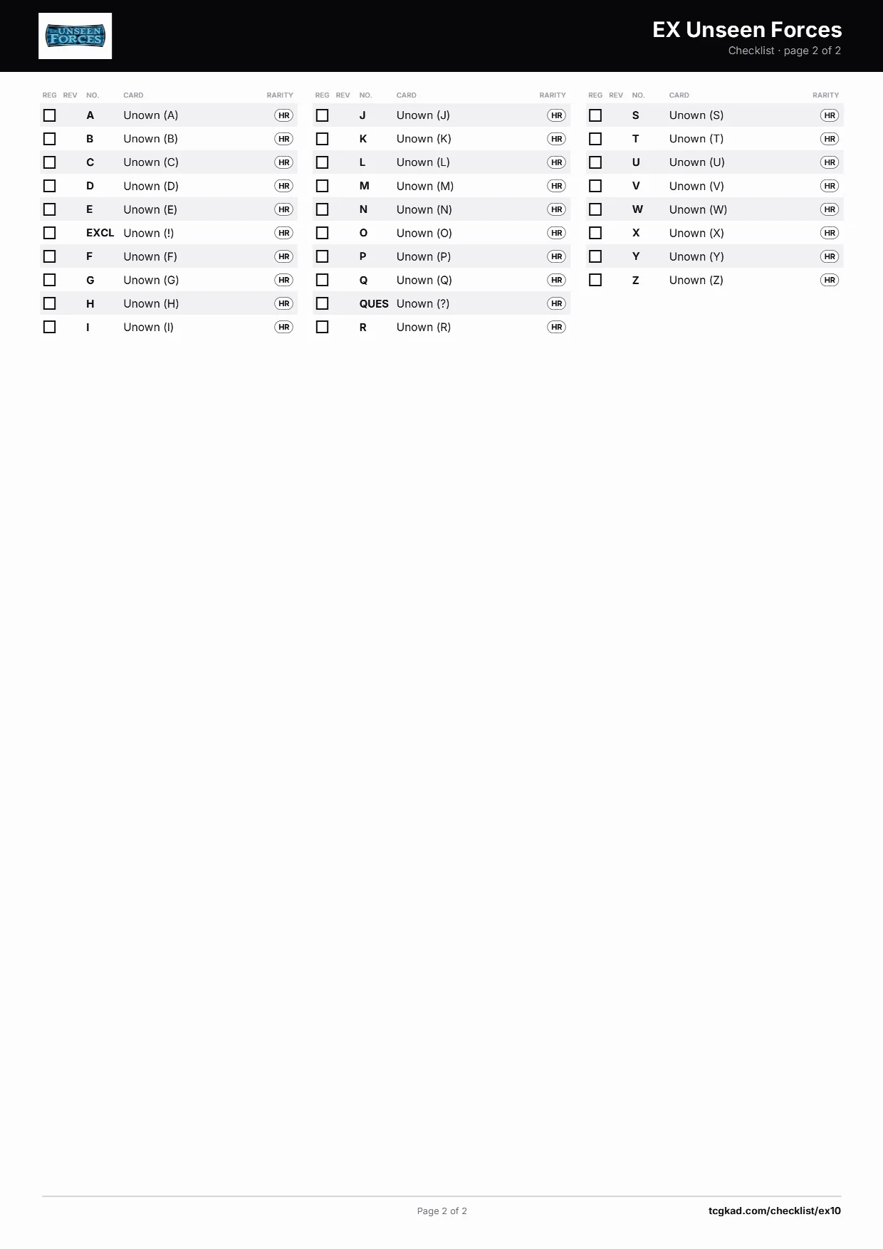 EX Unseen Forces checklist, page 2 of 2