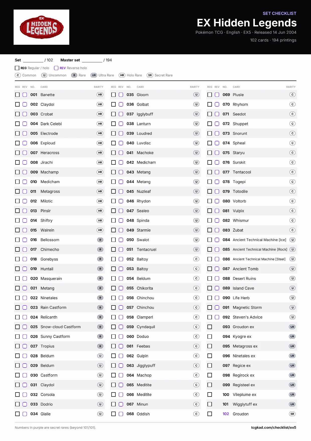 EX Hidden Legends checklist
