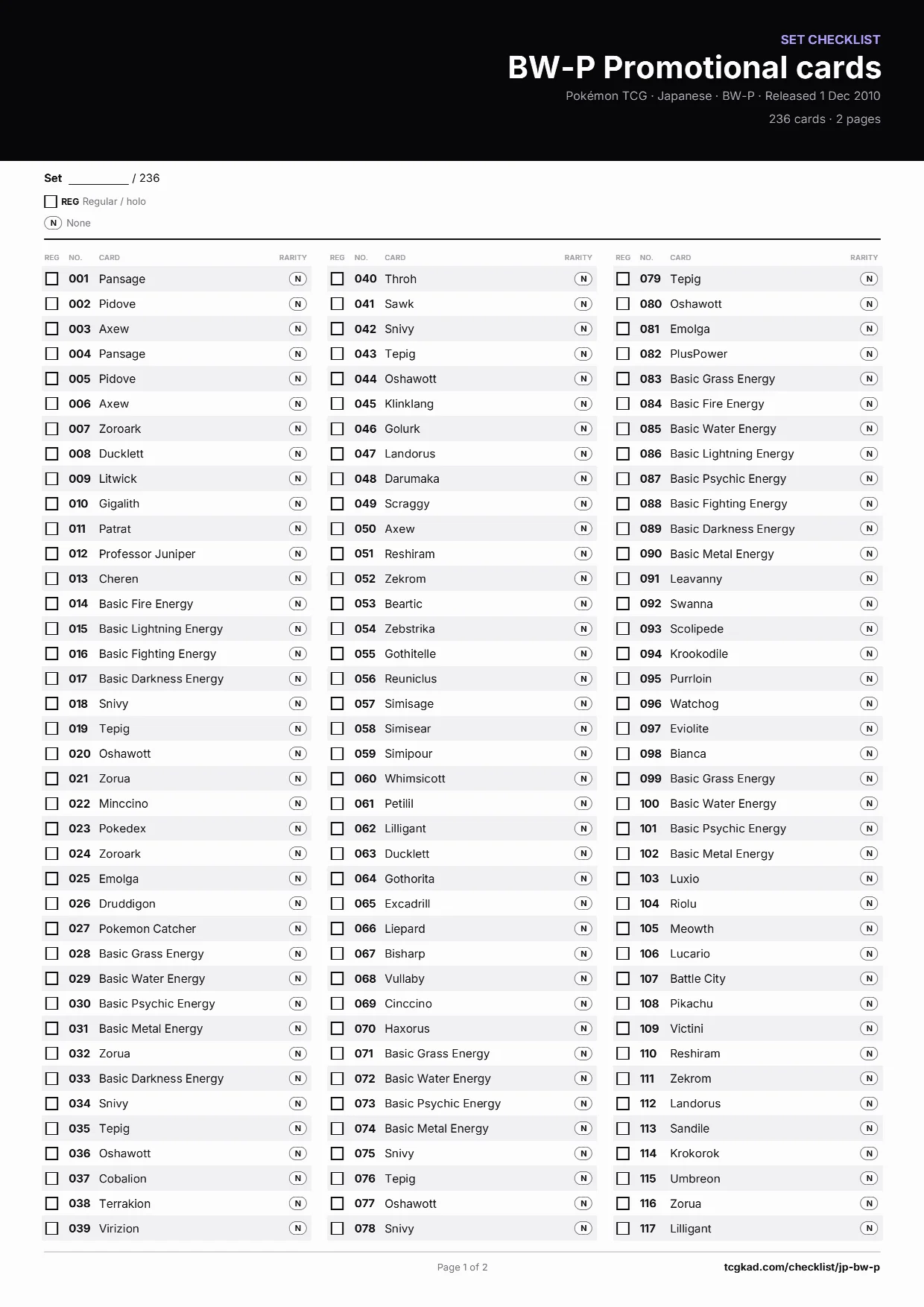 BW-P Promotional cards checklist, page 1 of 2