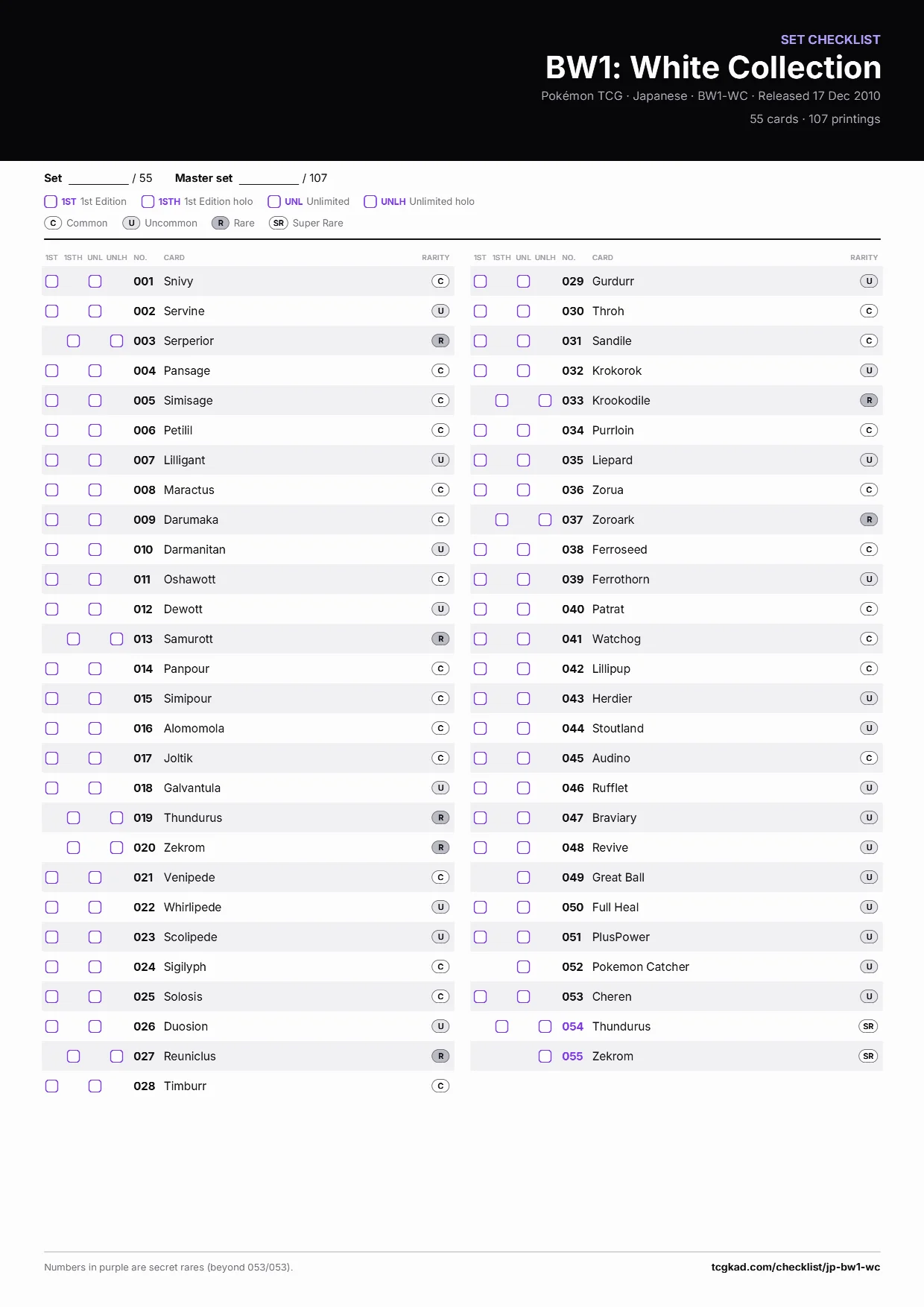 BW1: White Collection checklist