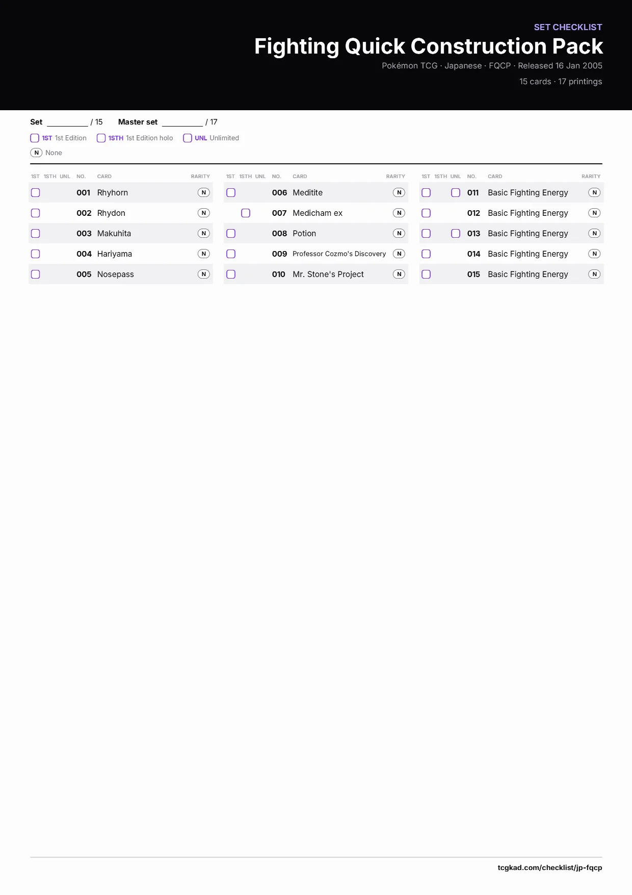 Fighting Quick Construction Pack checklist