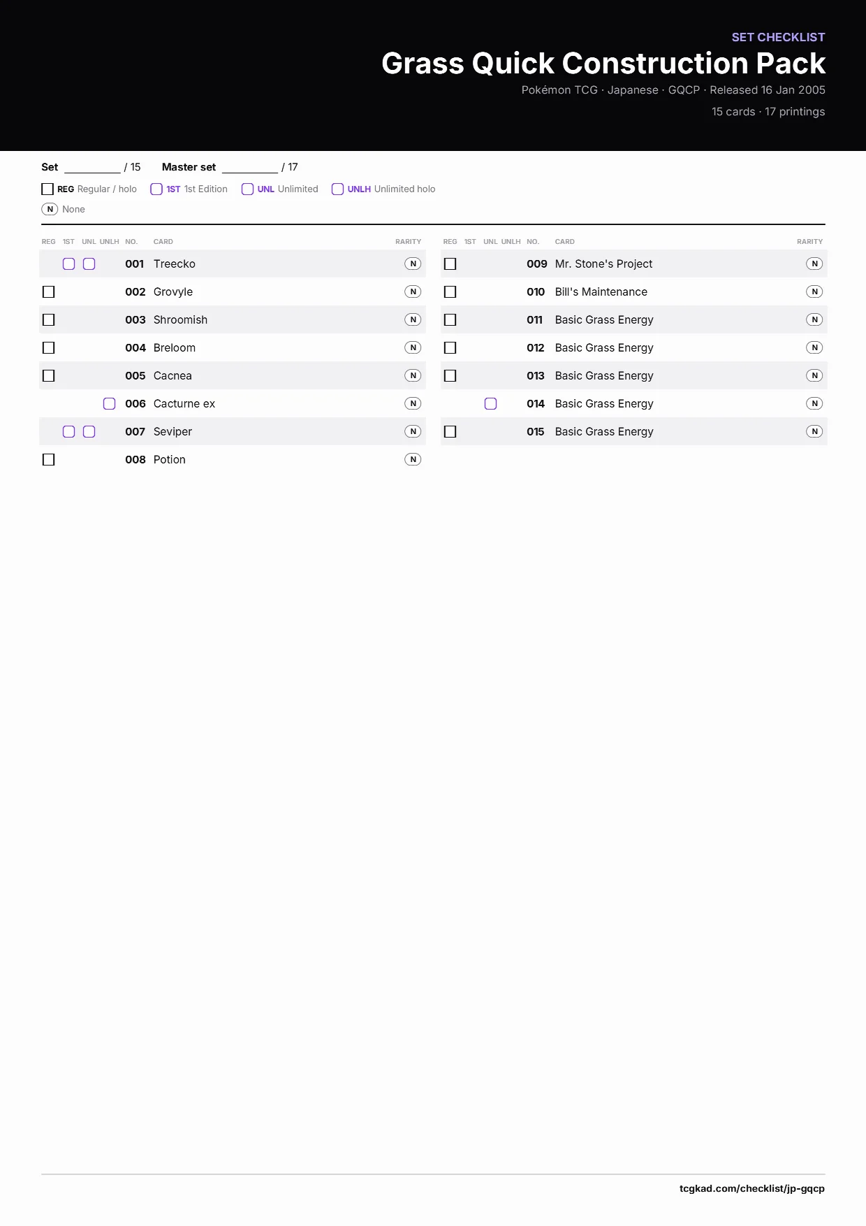 Grass Quick Construction Pack checklist