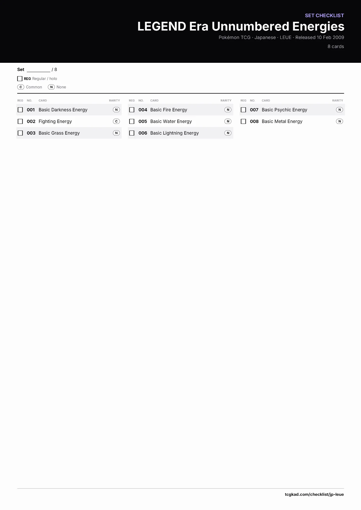 LEGEND Era Unnumbered Energies checklist