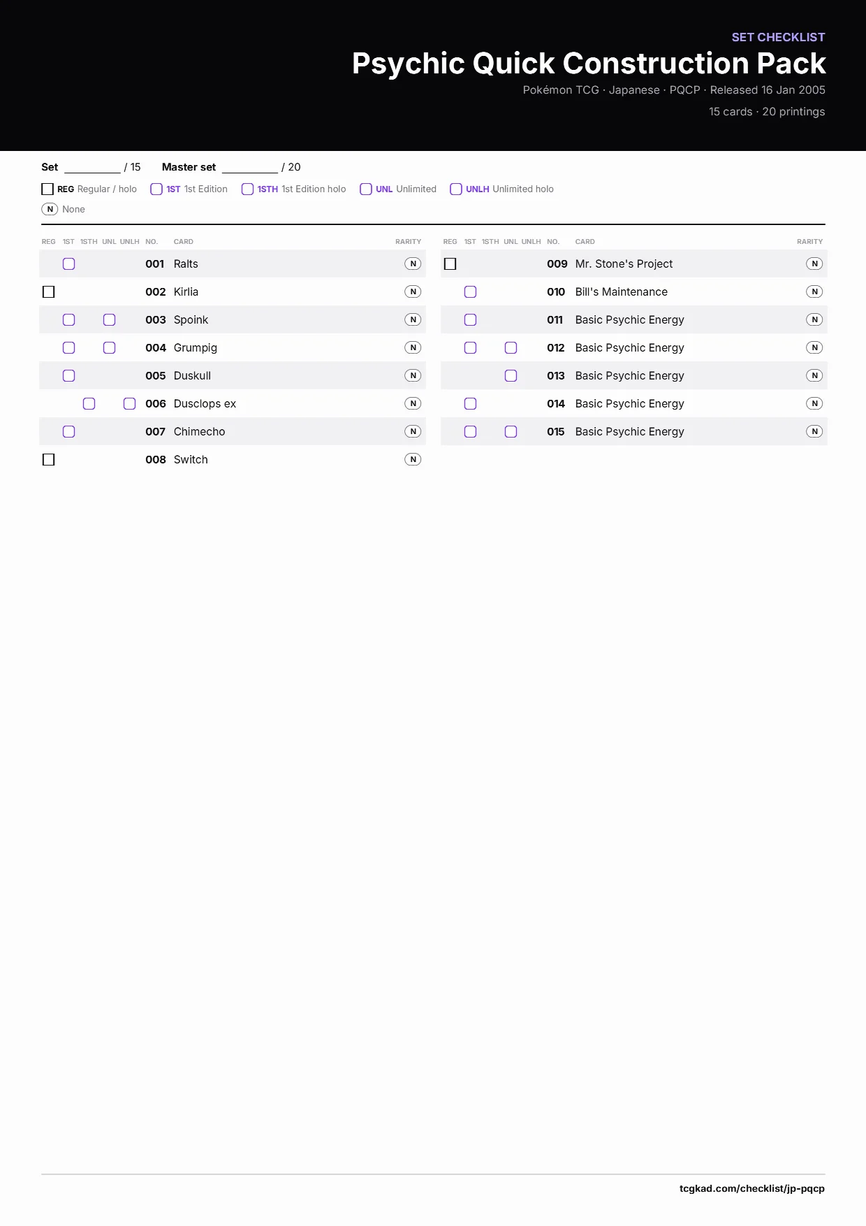 Psychic Quick Construction Pack checklist