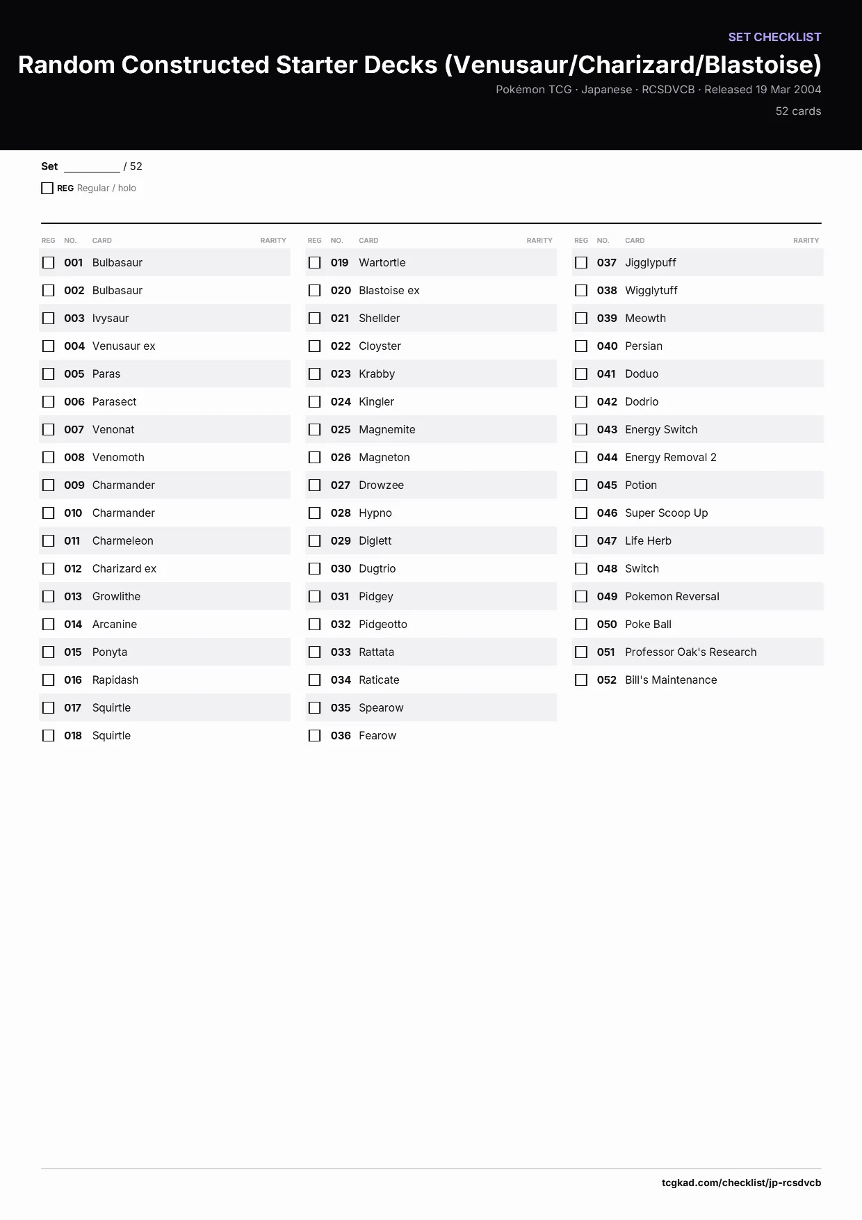 Random Constructed Starter Decks (Venusaur/Charizard/Blastoise) checklist