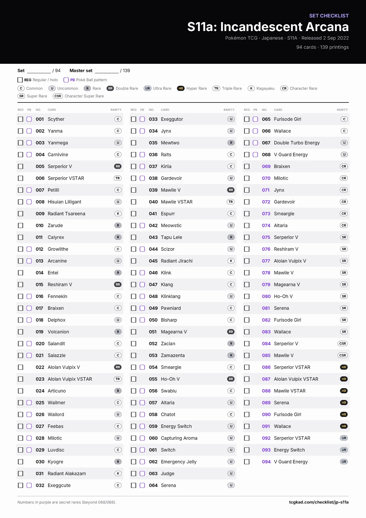 S11a: Incandescent Arcana checklist
