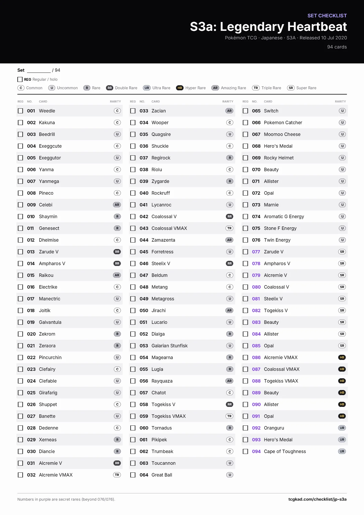 S3a: Legendary Heartbeat checklist