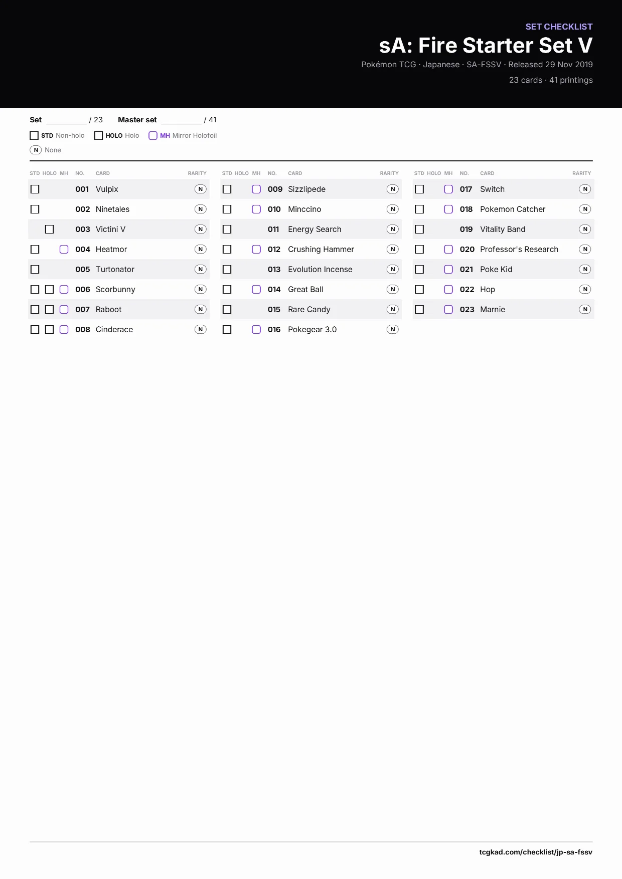 sA: Fire Starter Set V checklist