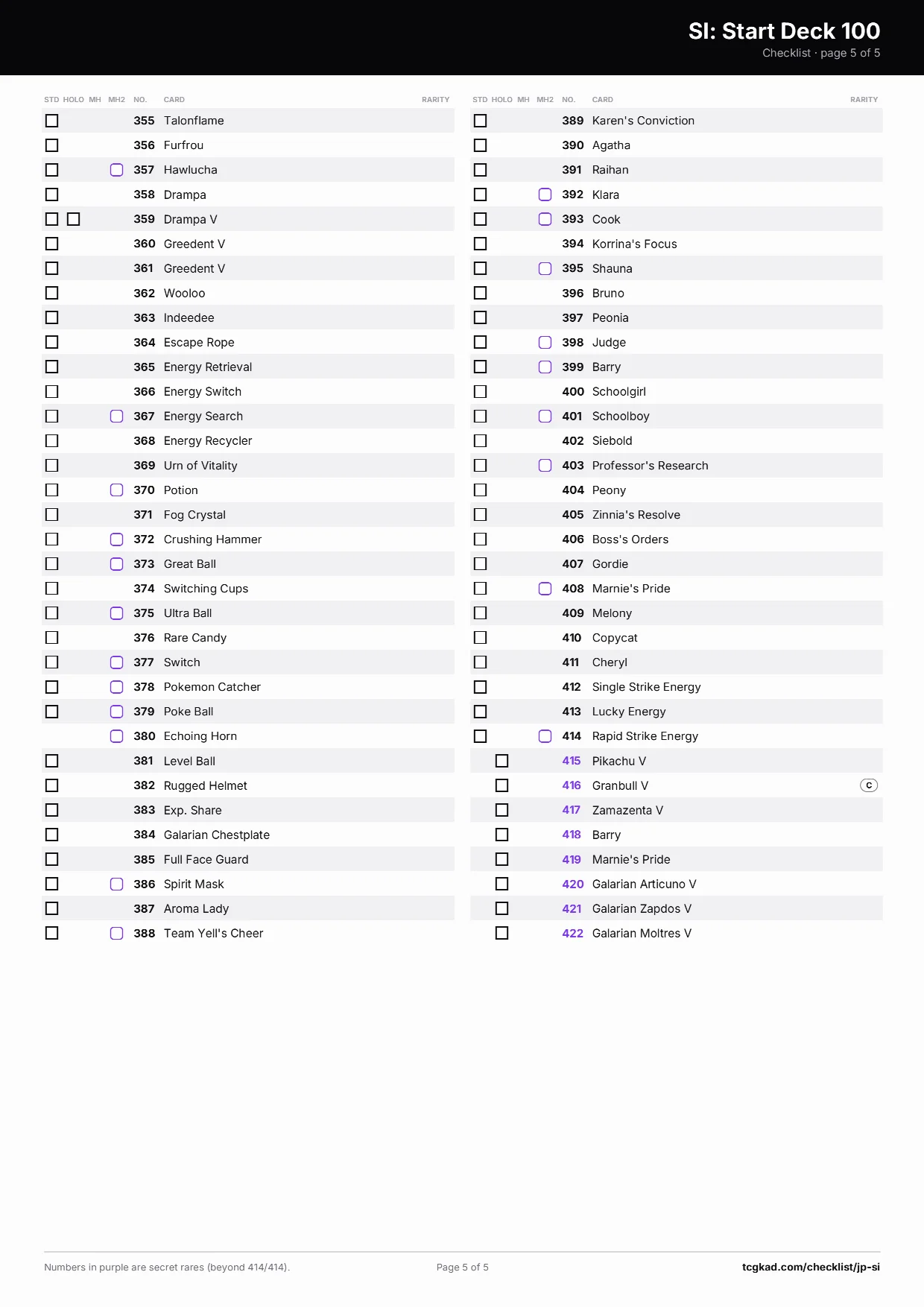SI: Start Deck 100 checklist, page 5 of 5
