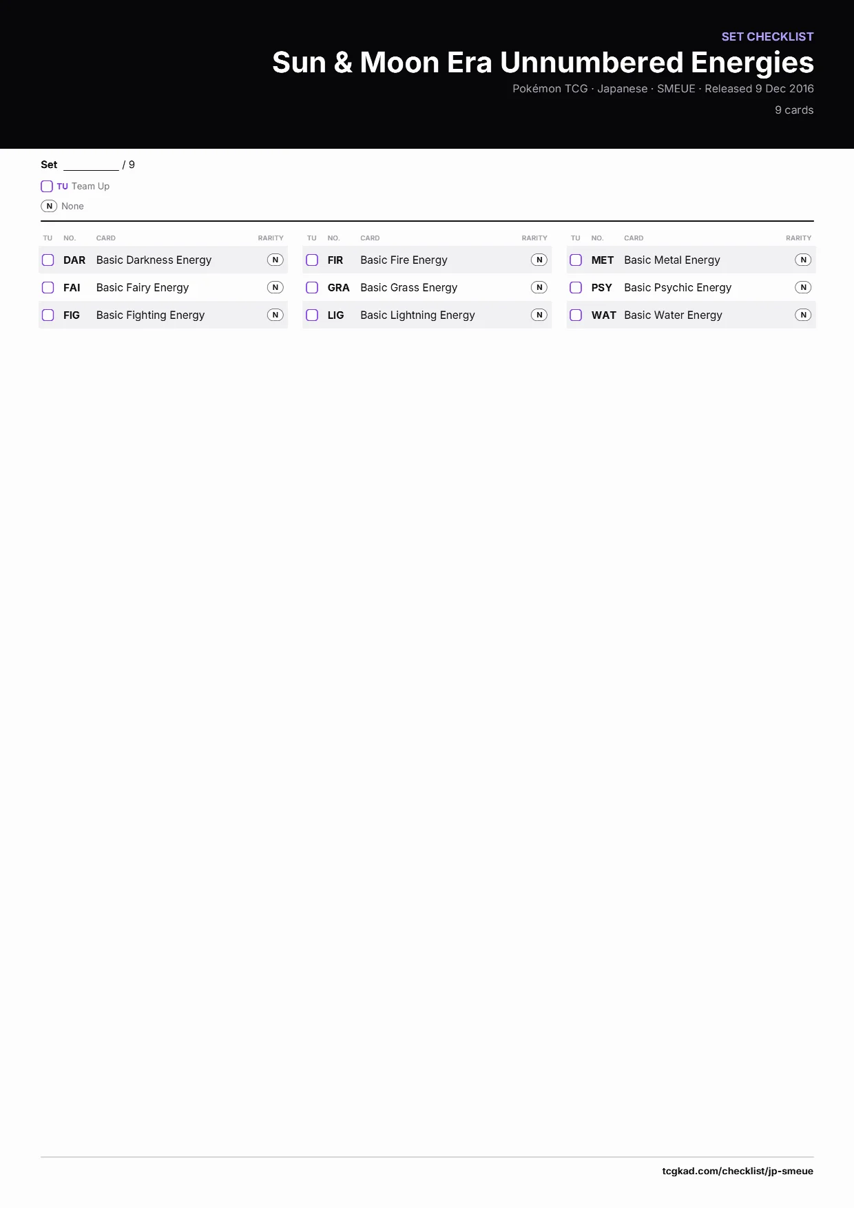 Sun & Moon Era Unnumbered Energies checklist