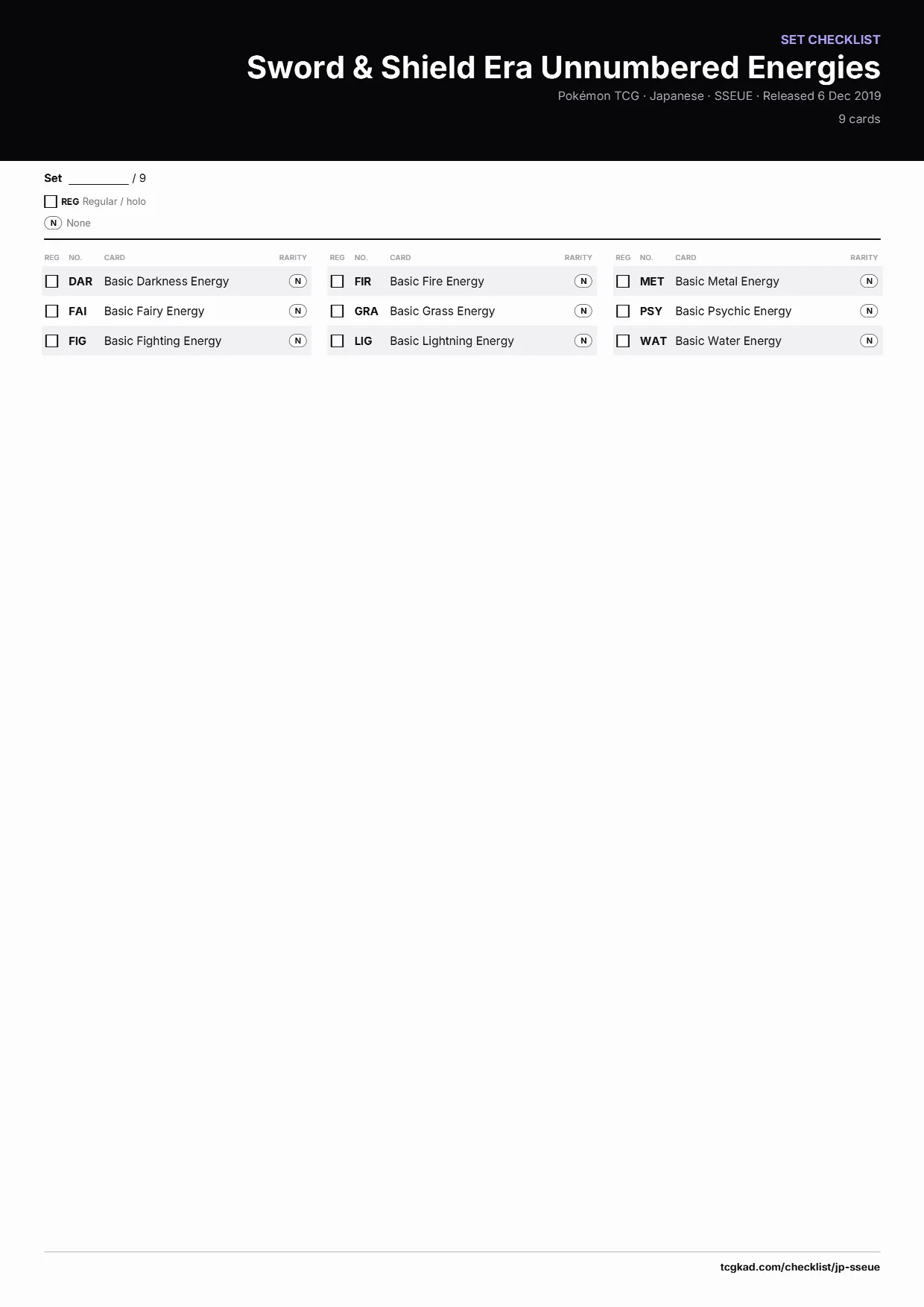 Sword & Shield Era Unnumbered Energies checklist