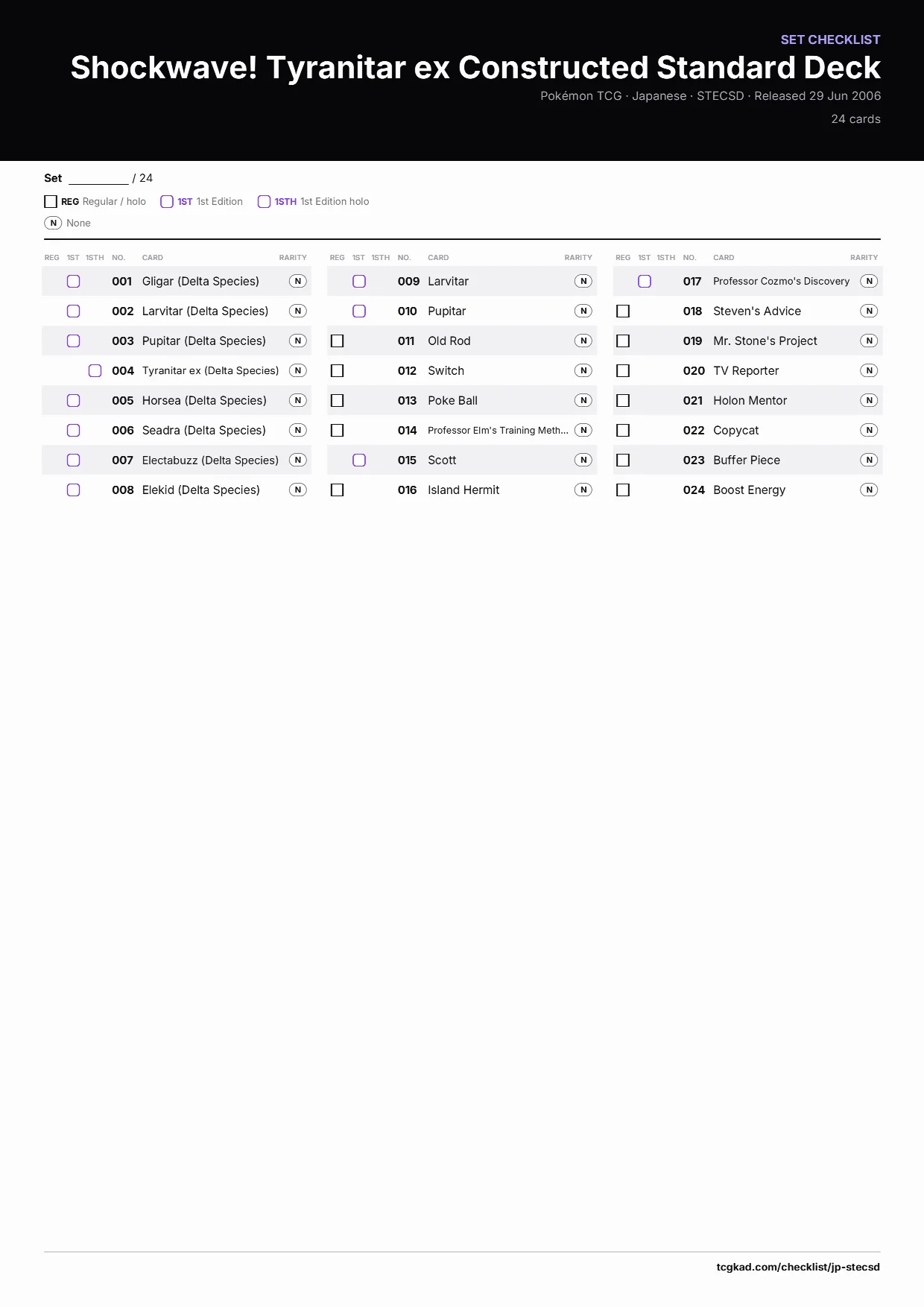 Shockwave! Tyranitar ex Constructed Standard Deck checklist