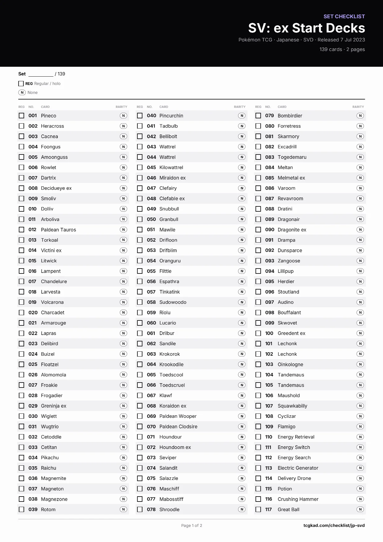 SV: ex Start Decks checklist, page 1 of 2