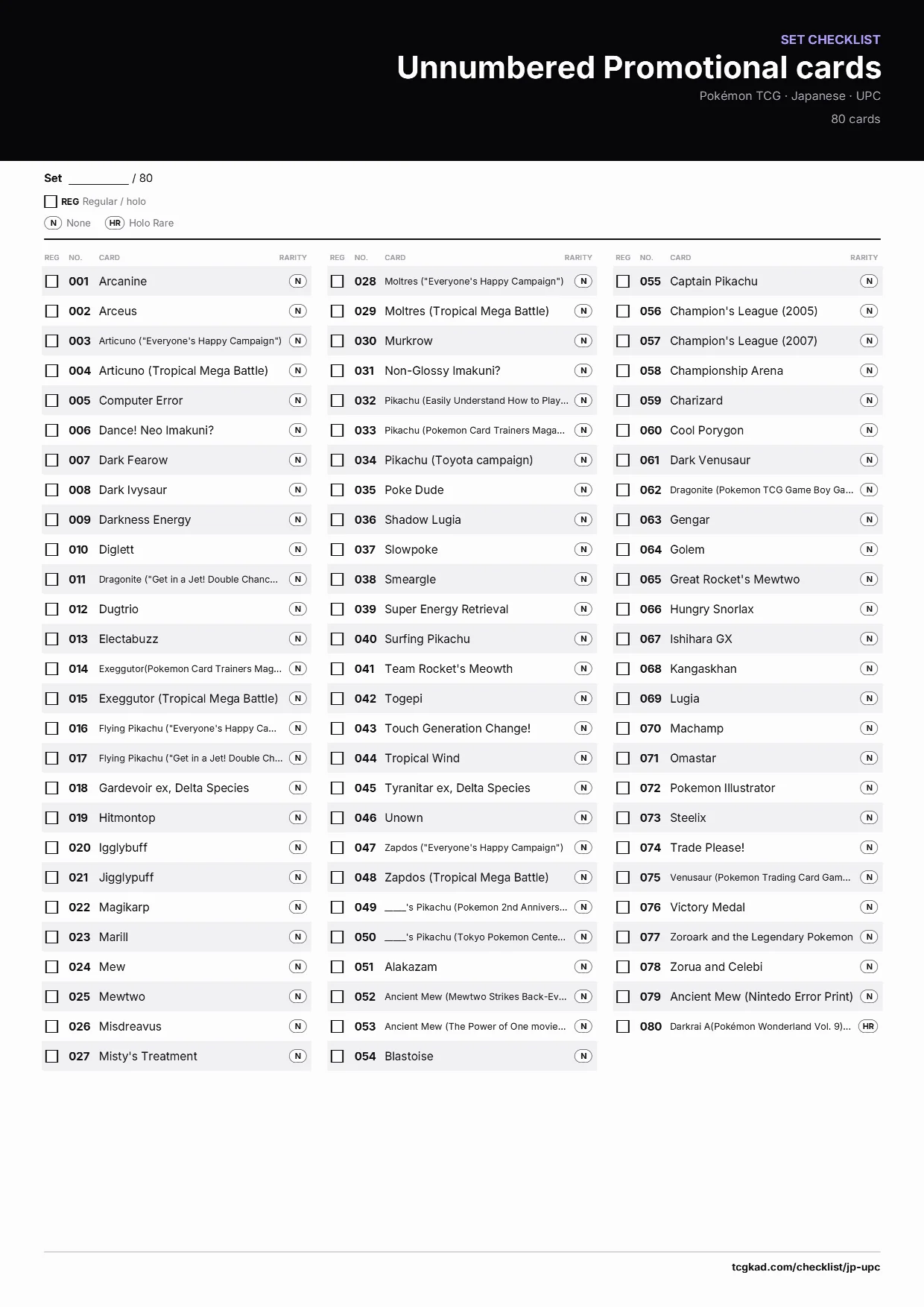 Unnumbered Promotional cards checklist