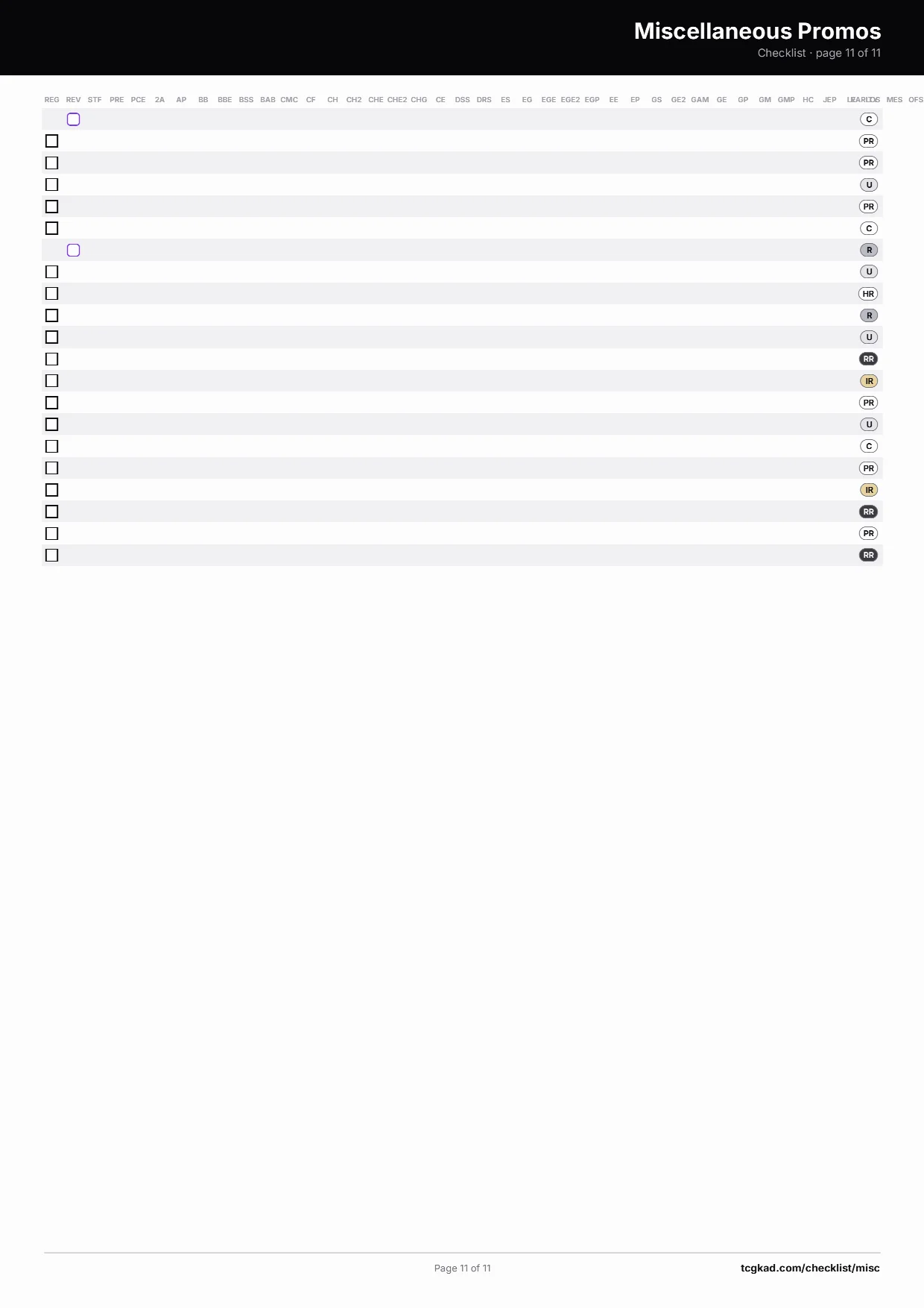 Miscellaneous Promos checklist, page 11 of 11