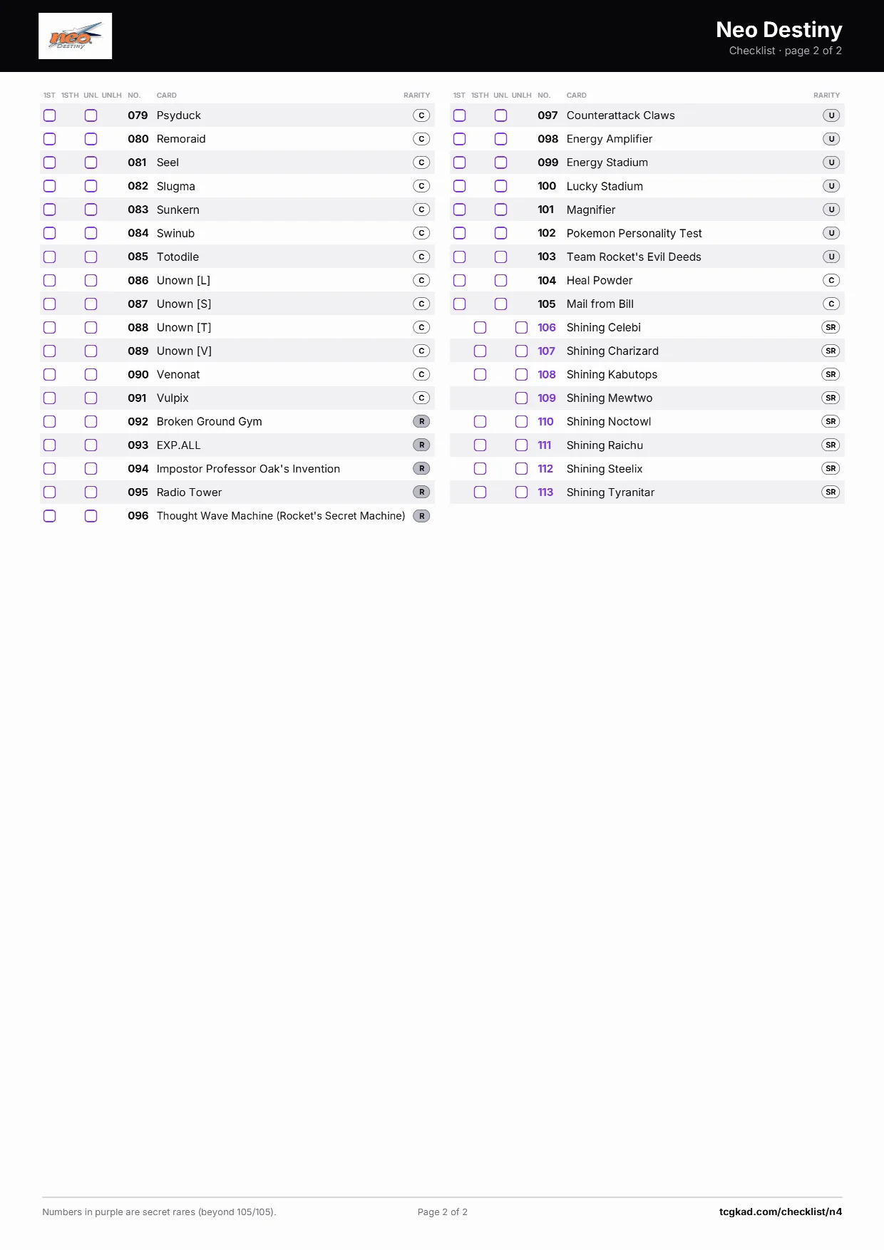 Neo Destiny checklist, page 2 of 2