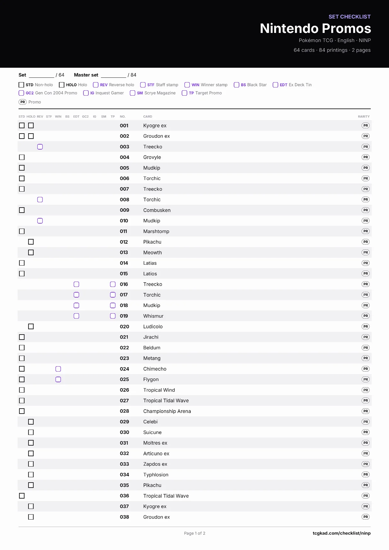 Nintendo Promos checklist, page 1 of 2