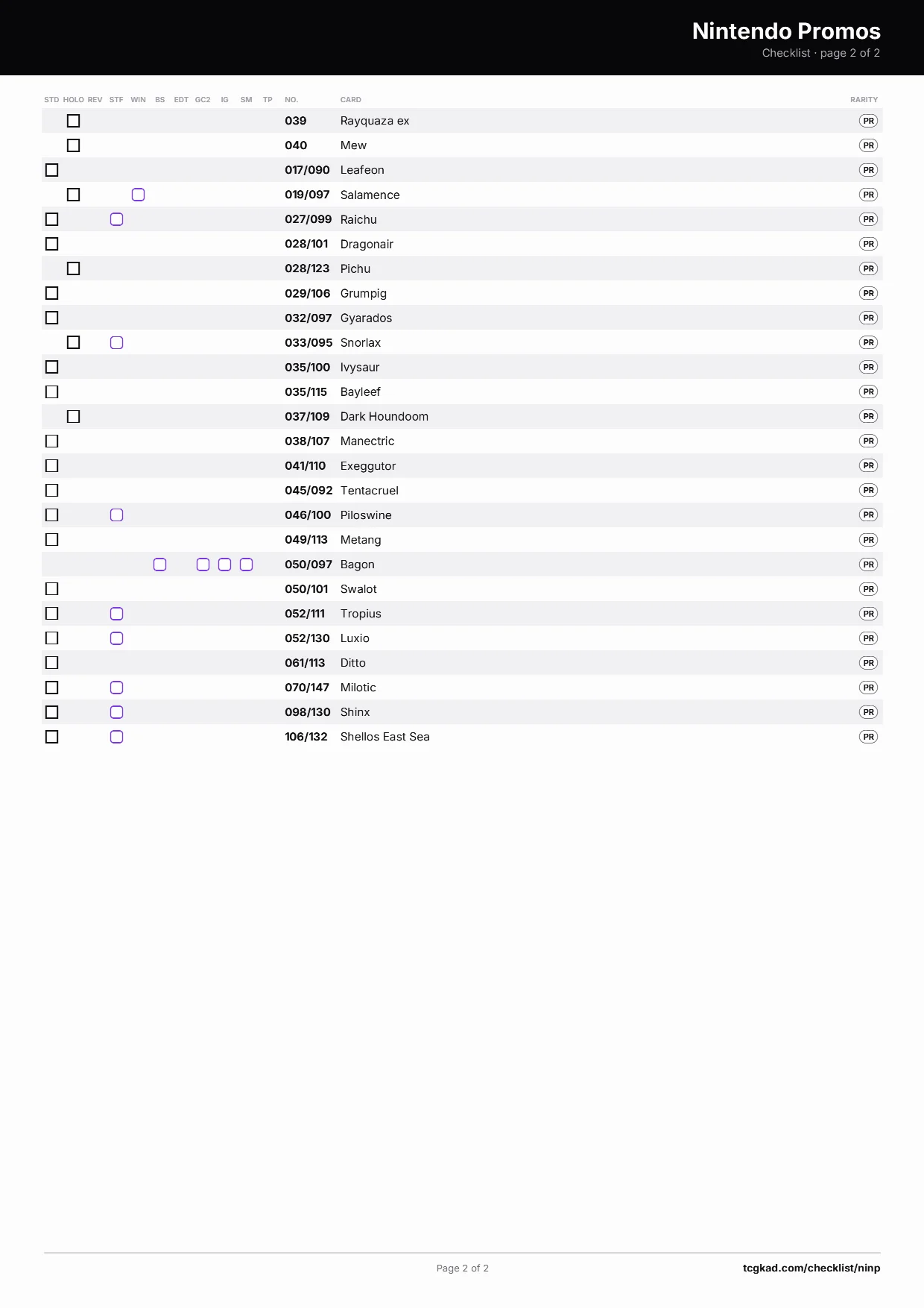 Nintendo Promos checklist, page 2 of 2