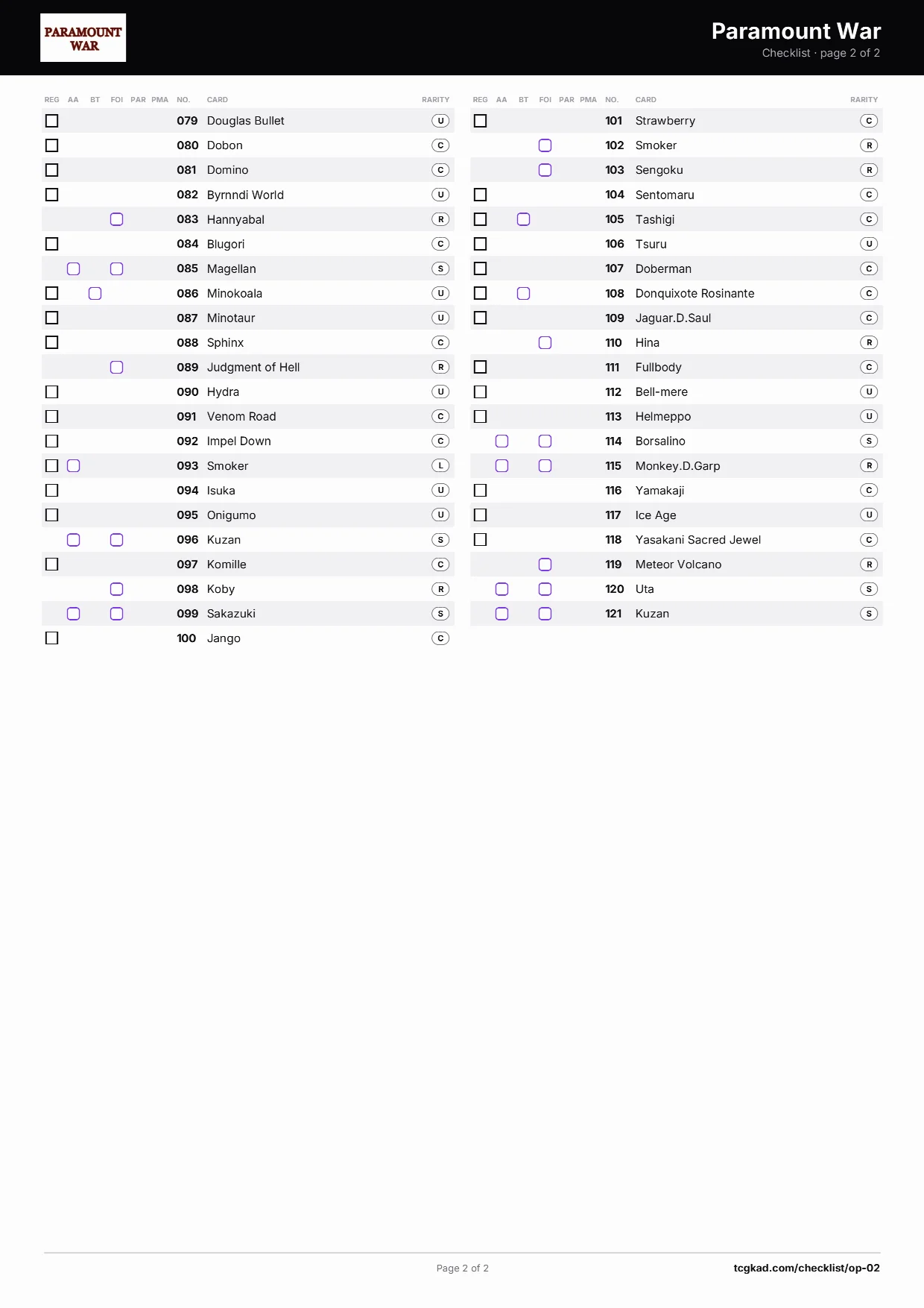 Paramount War checklist, page 2 of 2