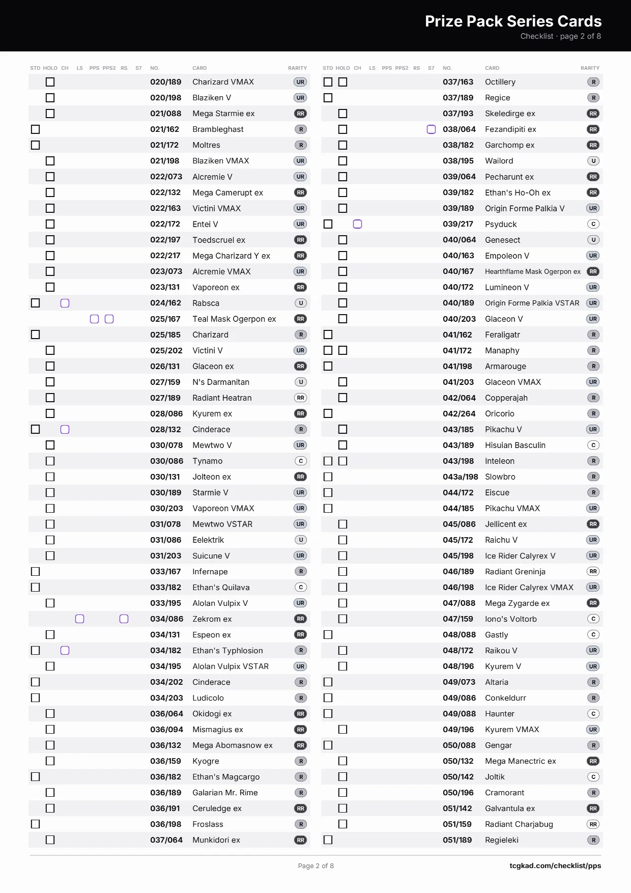 Prize Pack Series Cards checklist, page 2 of 8