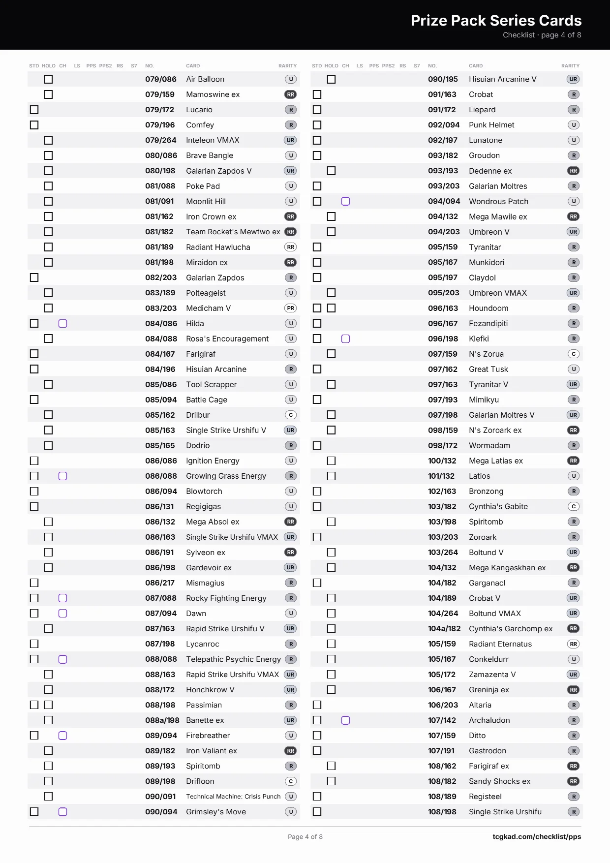 Prize Pack Series Cards checklist, page 4 of 8