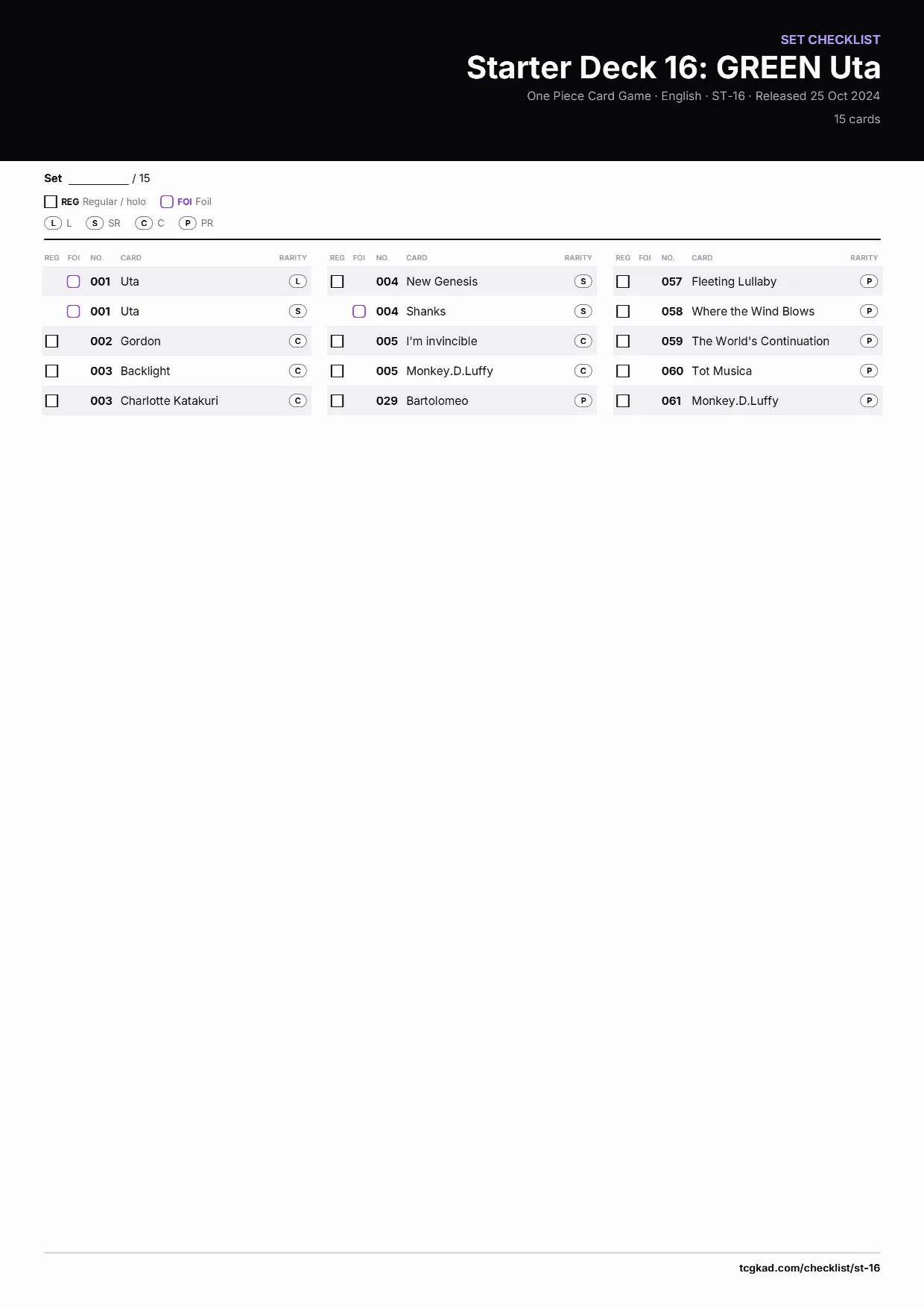 Starter Deck 16: GREEN Uta checklist