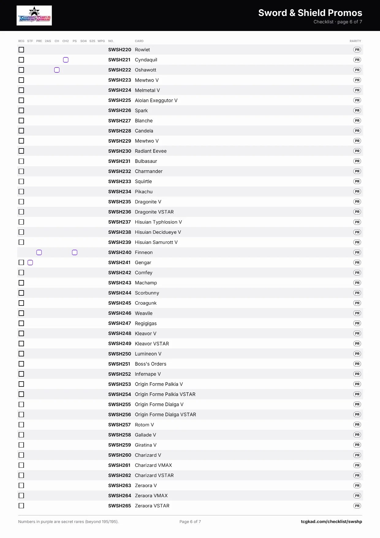 Sword & Shield Promos checklist, page 6 of 7